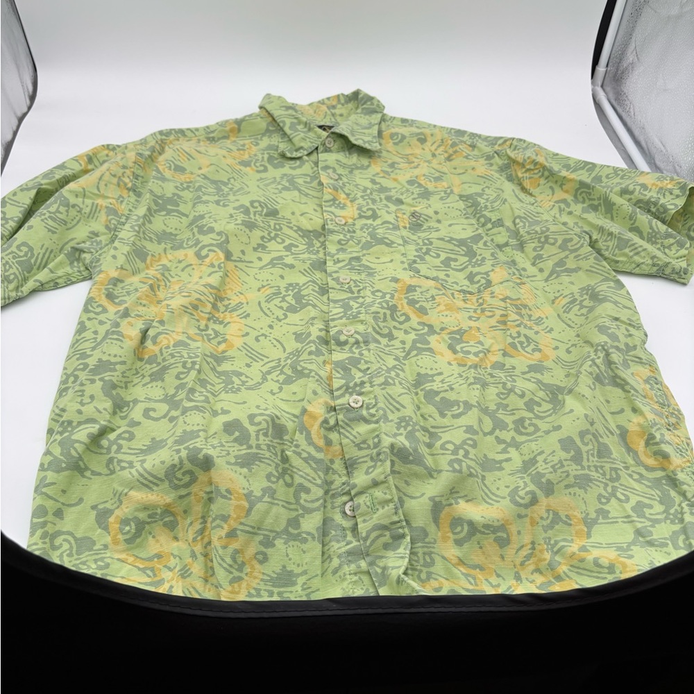 Aigle Shirt Men's Size Large GREEN YELLOW Floral Tropical Short‎ Sleeve Button